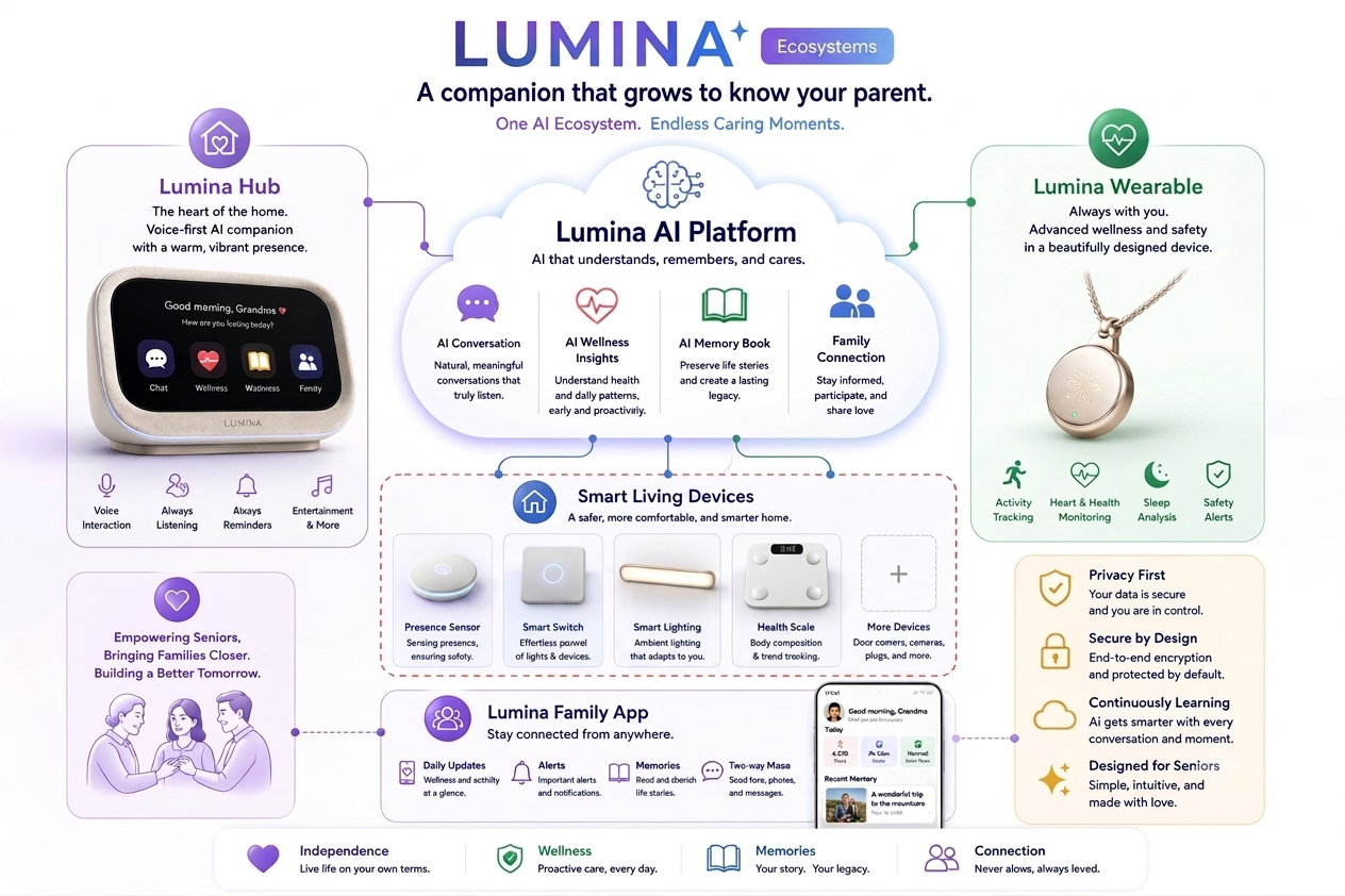 Vision ecosystem diagram: Lumina Hub, AI Platform, Wearable, Smart Living Devices, and Family App — Core System versus Roadmap