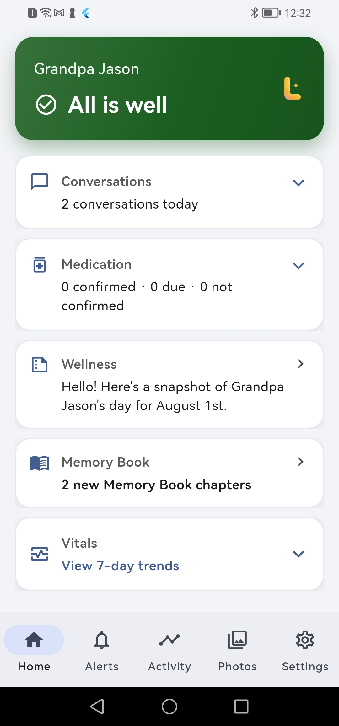Lumina Caregiver App home screen